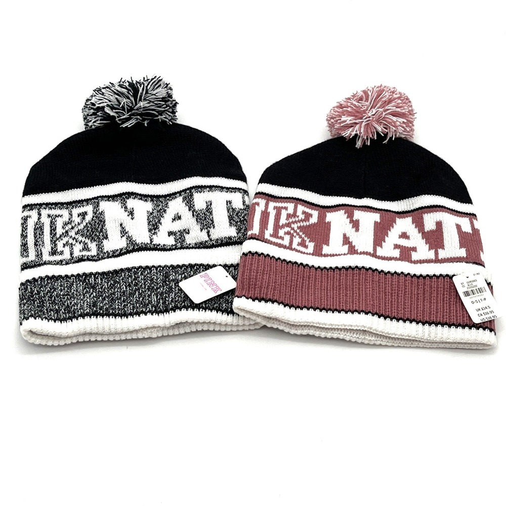 2 VICTORIA'S SECRET PINK FASHION SHOW BEANIE POM POM HATS PINK NATION